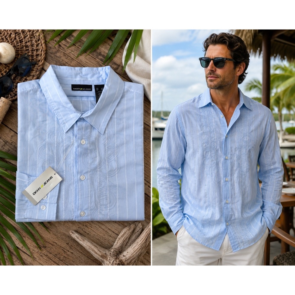 NWT DKNY Jeans Mens XXL Light Blue Embroidered Stripe Button Shirt 100% Cotton